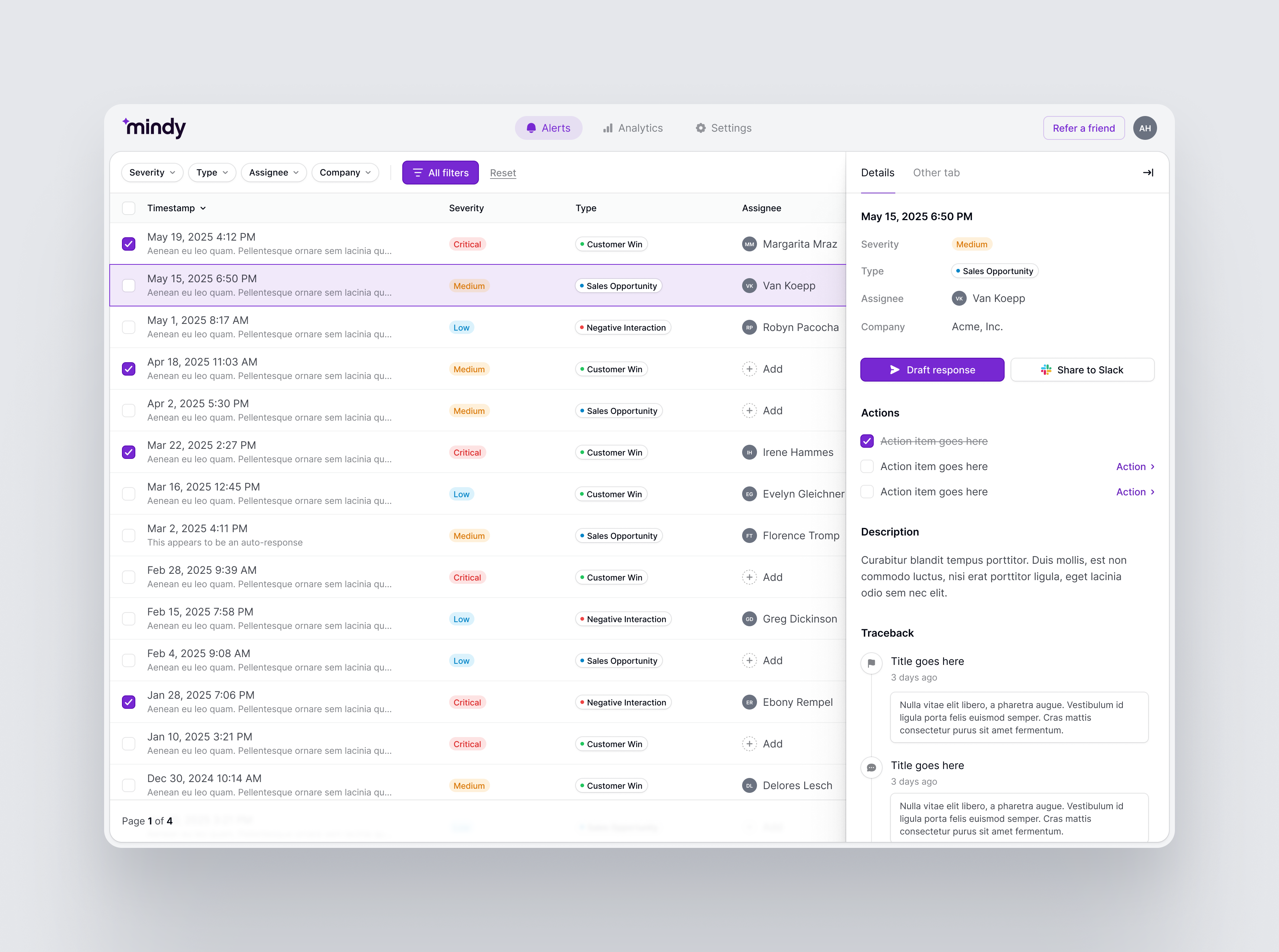 A desktop screen shows a dashboard with a list of alerts, sortable by filters like severity and type. The right panel displays details and actions for a selected alert. The interface uses soft colors and a modern design.