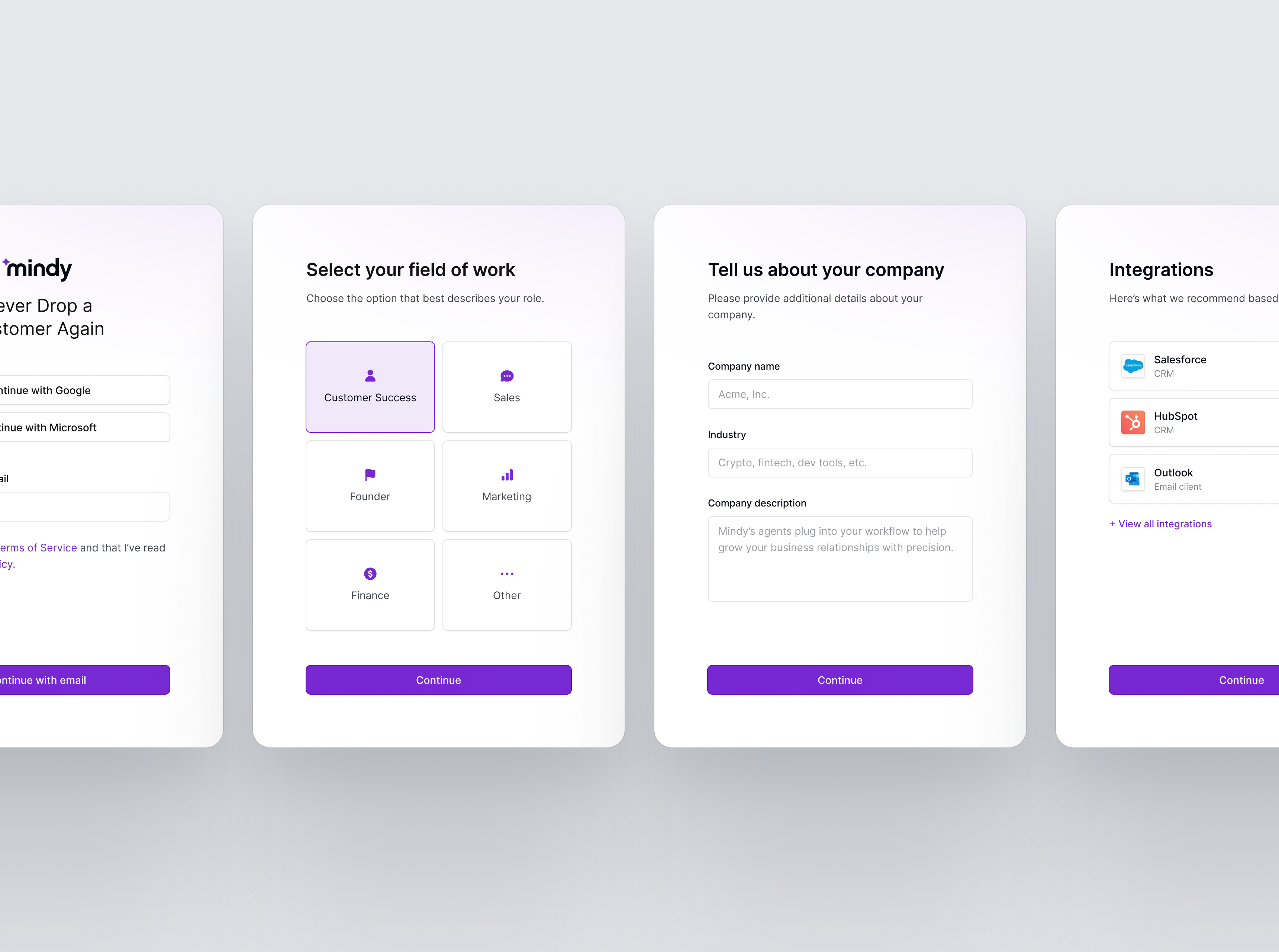 A four-step sign-up process interface with sections for email or Google/Microsoft sign-in, selecting field of work, entering company details, and choosing integrations like Slack, HubSpot, and Outlook. Purple buttons mark progress.