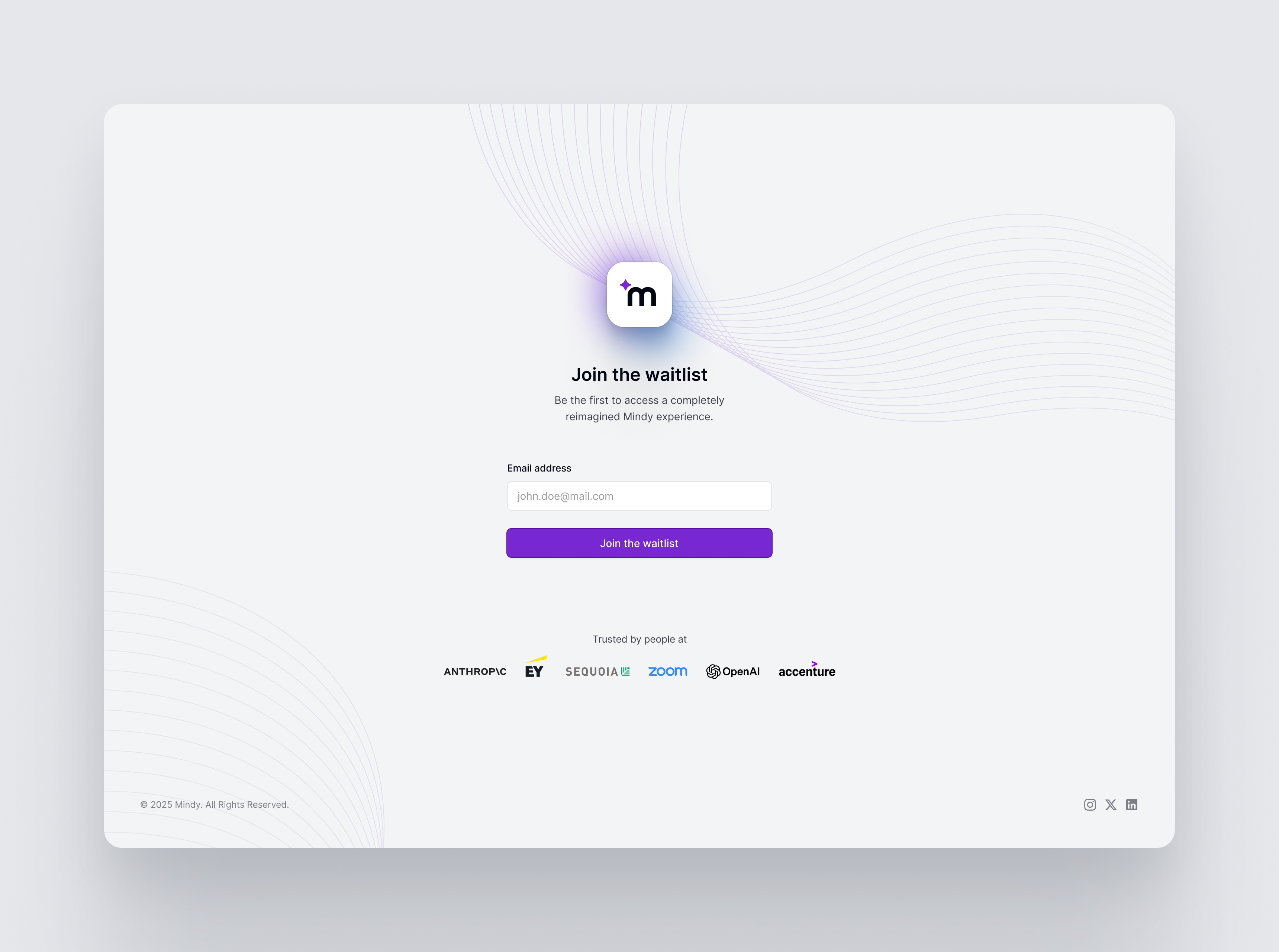 A clean, modern waitlist sign-up page for a service called Mimly with a logo, email input field, and Join the waitlist button. Logos of Anthropic, EY, Sequoia, Zoom, OpenAI, and Accenture appear below.
