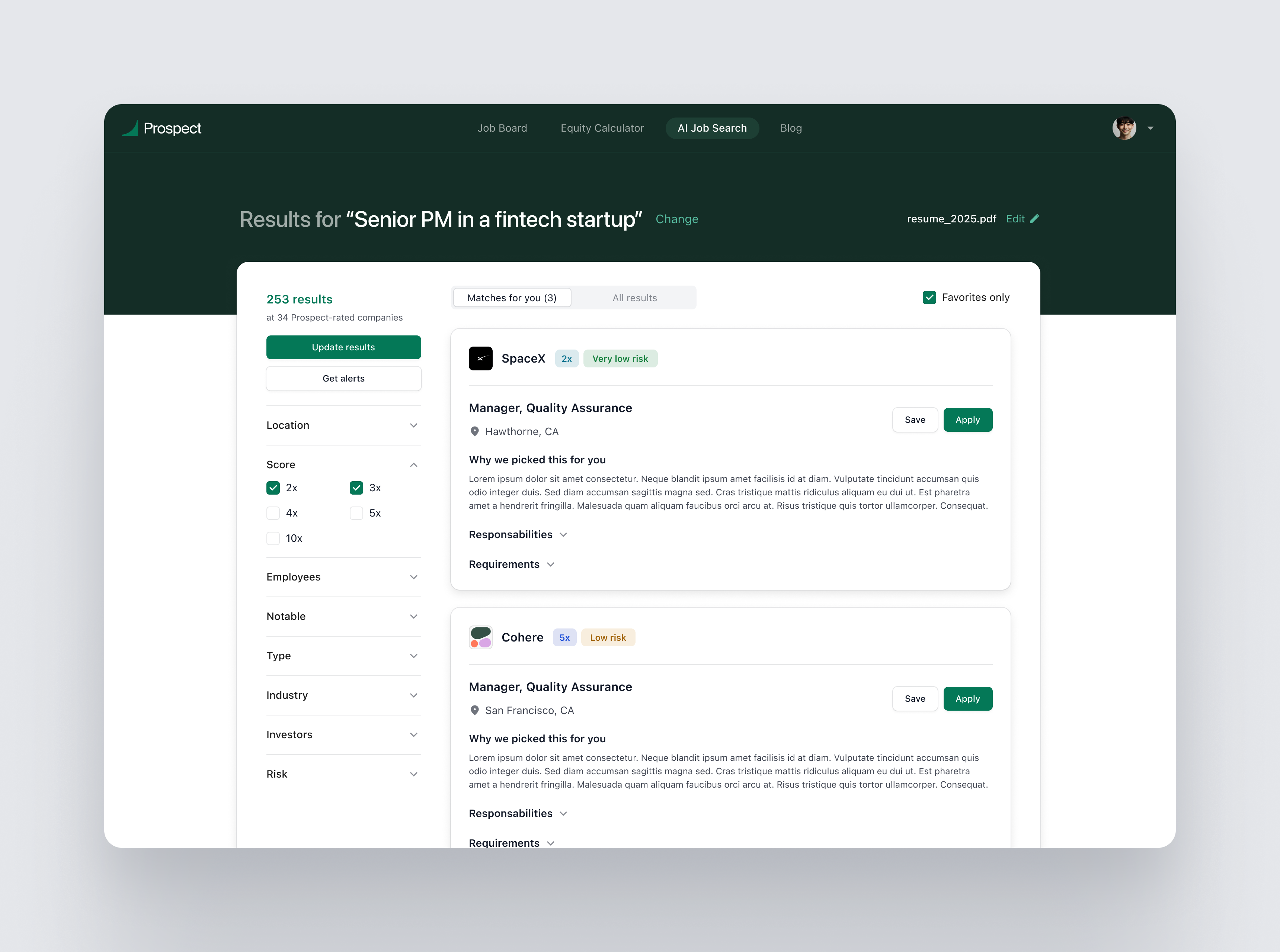 A job search results page shows listings for “Senior PM in a fintech startup.” Two job cards are visible for Manager, Quality Assurance roles at Speck and Cohere, including company names, locations, and brief descriptions.