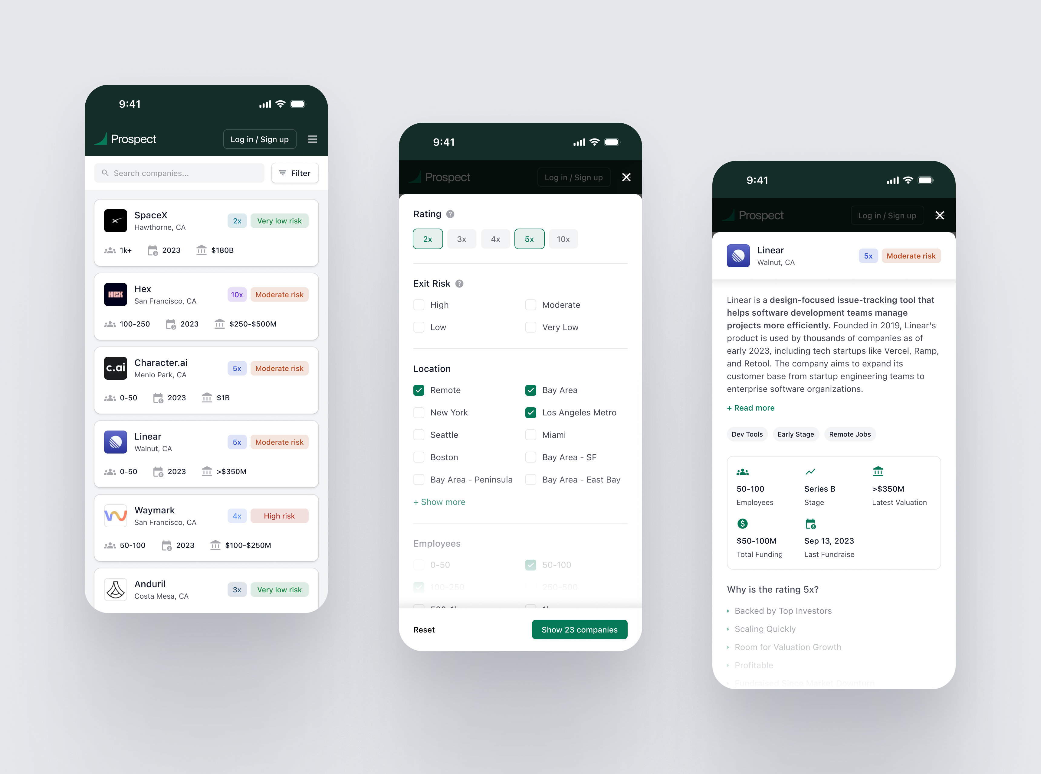 Three mobile app screens showing a prospect tracking tool with company lists, filter options such as rating, risk, location, and a detailed profile for the selected company including description and statistics.
